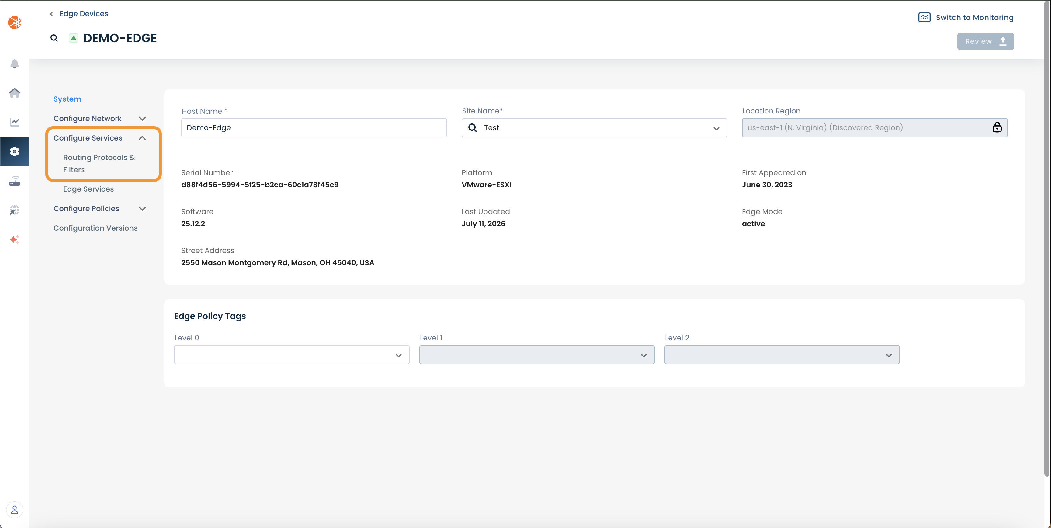 Configuration settings for the Demo-Edge device, including network and service details.